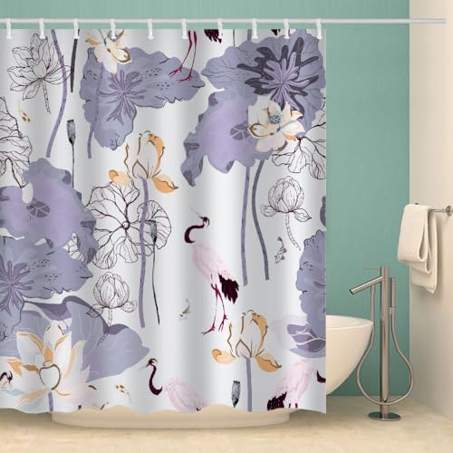 MOXINO Kran Duschvorhang Anti-Schimmel 120x180 cm Polyester Stoff Textil Waschbar Wasserdicht Badvorhang 3D Blumen Motiv Duschvorhänge Badezimmer mit 12 Haken（Stil 104-20） von MOXINO