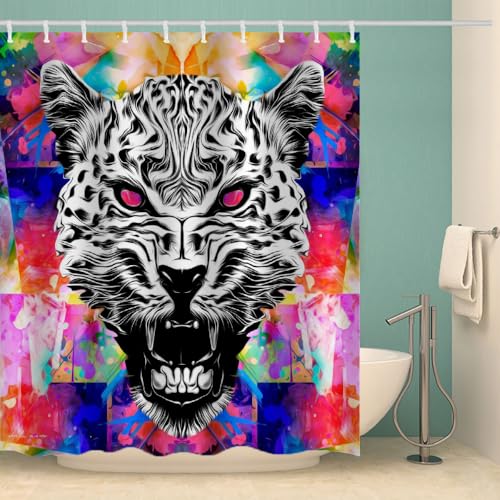 MOXINO Leopard Duschvorhang Anti-Schimmel 180x200 cm Polyester Stoff Textil Waschbar Wasserdicht Badvorhang 3D Leopard Motiv Duschvorhänge Badezimmer mit 12 Haken（Stil 97-19） von MOXINO