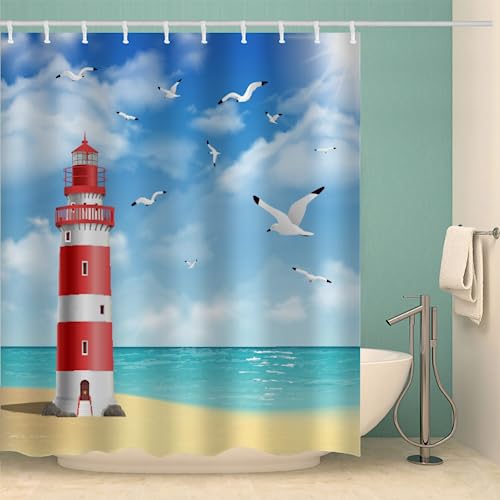 MOXINO Leuchtturm Duschvorhang Anti-Schimmel 120x180 cm Polyester Stoff Textil Waschbar Badvorhang 3D Meer Thema Motiv Design Duschvorhänge Wasserdicht Badezimmer Vorhänge mit 12 Haken von MOXINO