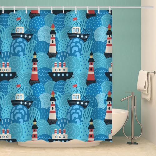 MOXINO Leuchtturm Duschvorhang Anti-Schimmel 120x180 cm Polyester Stoff Textil Waschbar Wasserdicht Badvorhang 3D Segelboot Motiv Duschvorhänge Badezimmer mit 12 Haken（Stil 95-17） von MOXINO
