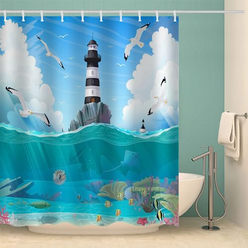 MOXINO Leuchtturm Duschvorhang Anti-Schimmel 240x200 cm Polyester Stoff Textil Waschbar Badewanne Badvorhang 3D Meer Thema Shower Curtain Wasserdicht Badezimmer Vorhänge mit 12 Haken von MOXINO