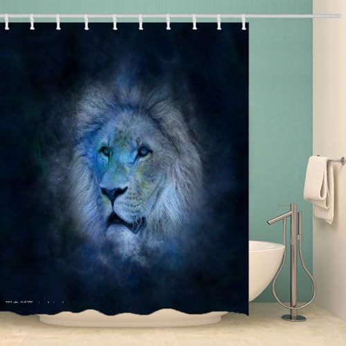 MOXINO Löwe Duschvorhang Anti-Schimmel 120x180 cm Polyester Stoff Textil Waschbar Wasserdicht Badvorhang 3D Löwe Motiv Duschvorhänge Badezimmer mit 12 Haken（Stil 109-16） von MOXINO
