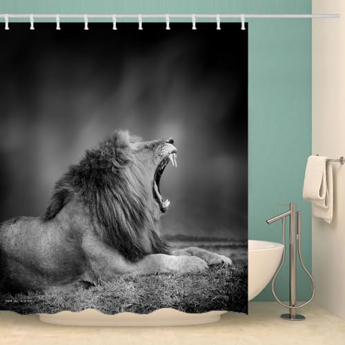 MOXINO Löwe Duschvorhang Anti-Schimmel 120x180 cm Polyester Stoff Textil Waschbar Wasserdicht Badvorhang 3D Löwe Motiv Duschvorhänge Badezimmer mit 12 Haken（Stil 110-6） von MOXINO