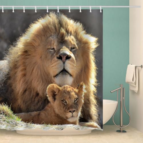 MOXINO Löwe Duschvorhang Anti-Schimmel 180x200 cm Polyester Stoff Textil Waschbar Wasserdicht Badvorhang 3D Löwe Motiv Duschvorhänge Badezimmer mit 12 Haken（Stil 98-6） von MOXINO
