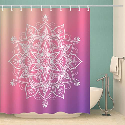 MOXINO Mandala Duschvorhang Anti-Schimmel 180x200 cm Polyester Stoff Textil Waschbar Badvorhang 3D Blumen Boho Rosa Motiv Design Duschvorhänge Wasserdicht Badezimmer Vorhänge mit 12 Haken von MOXINO