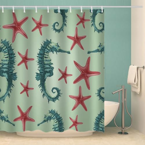 MOXINO Maritim Duschvorhang Anti-Schimmel 200x240 cm Polyester Stoff Textil Waschbar Wasserdicht Badvorhang 3D Seestern Seepferdchen Motiv Duschvorhänge Badezimmer mit 12 Haken（Stil 105-17） von MOXINO