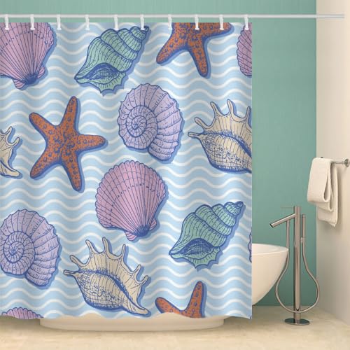 MOXINO Maritim Duschvorhang Anti-Schimmel 200x240 cm Polyester Stoff Textil Waschbar Wasserdicht Badvorhang 3D Seesterne Muscheln Motiv Duschvorhänge Badezimmer mit 12 Haken（Stil 105-15） von MOXINO