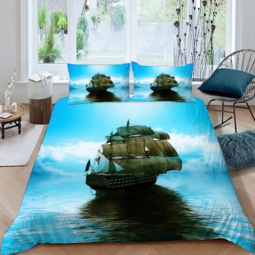 MOXINO Maritim Segeln Bettbezüge für Kinder Jungen Mädchen Einzelbett 3D Meer Bettwäsche 135x200 cm 2teilig Mikrofaser Bettbezug Sommer Warm Weiche Bettwaren mit Kissenbezüge 80x80 von MOXINO