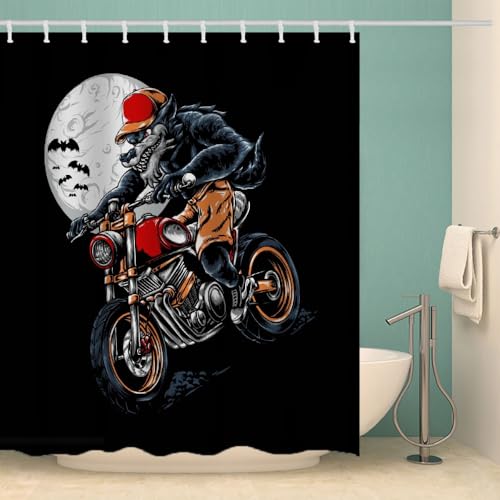 MOXINO Motocross Duschvorhang Anti-Schimmel 180x200 cm Polyester Stoff Textil Waschbar Wasserdicht Badvorhang 3D Wolf Fledermaus Motiv Duschvorhänge Badezimmer mit 12 Haken（Stil 104-5） von MOXINO