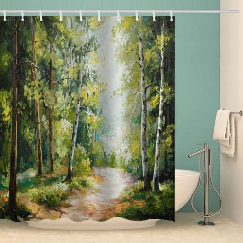 MOXINO Natur Wald Duschvorhang Anti-Schimmel 120x180 cm Polyester Stoff Textil Waschbar Badvorhang 3D Kunst Ölgemälde Motiv Design Shower Curtain Wasserdicht Badezimmer Vorhänge mit 12 Haken von MOXINO