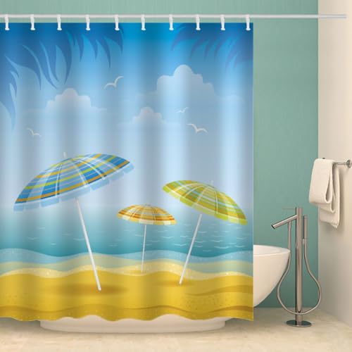 MOXINO Ozean Duschvorhang Anti-Schimmel 120x180 cm Polyester Stoff Textil Waschbar Wasserdicht Badvorhang 3D Strand Motiv Duschvorhänge Badezimmer mit 12 Haken（Stil 100-1） von MOXINO