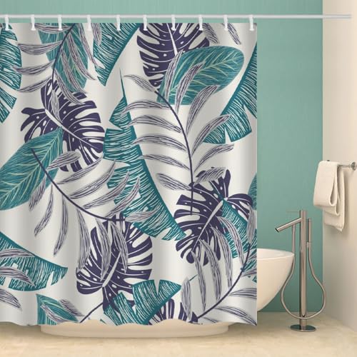 MOXINO Palmblätter Duschvorhang Anti-Schimmel 180x180 cm Polyester Stoff Textil Waschbar Wasserdicht Badvorhang 3D Palmblätter Motiv Duschvorhänge Badezimmer mit 12 Haken（Stil 91-8） von MOXINO