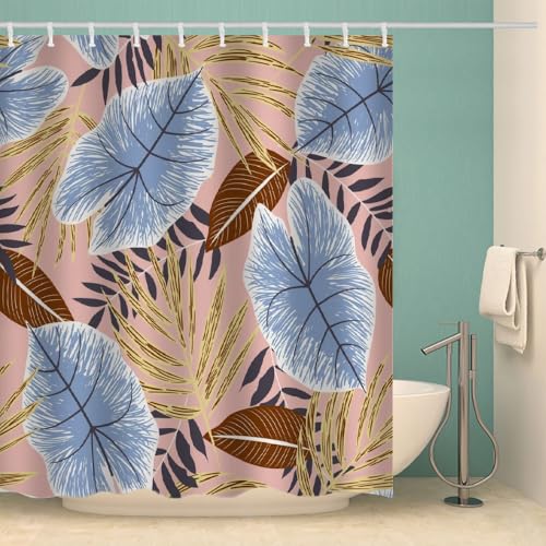 MOXINO Palmblätter Duschvorhang Anti-Schimmel 180x180 cm Polyester Stoff Textil Waschbar Wasserdicht Badvorhang 3D Palmblätter Motiv Duschvorhänge Badezimmer mit 12 Haken（Stil 99-16） von MOXINO