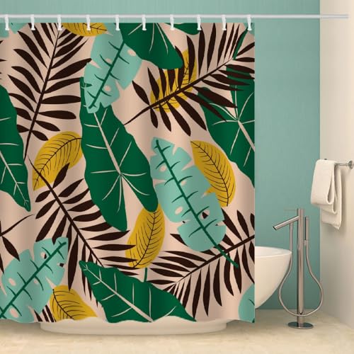 MOXINO Palmblätter Duschvorhang Anti-Schimmel 180x200 cm Polyester Stoff Textil Waschbar Wasserdicht Badvorhang 3D Palmblätter Motiv Duschvorhänge Badezimmer mit 12 Haken（Stil 99-14） von MOXINO