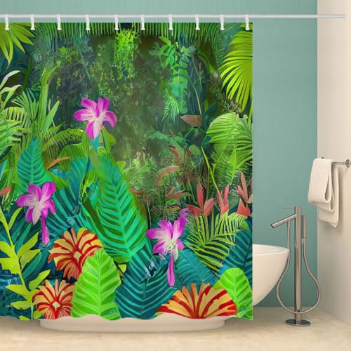 MOXINO Palmblätter Duschvorhang Anti-Schimmel 200x240 cm Polyester Stoff Textil Waschbar Wasserdicht Badvorhang 3D Palmblätter Motiv Duschvorhänge Badezimmer mit 12 Haken（Stil 93-5） von MOXINO