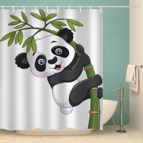 MOXINO Panda Duschvorhang Anti-Schimmel 180x200 cm Polyester Stoff Textil Waschbar Wasserdicht Badvorhang 3D Bambus Motiv Duschvorhänge Badezimmer mit 12 Haken（Stil 102-19） von MOXINO