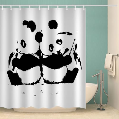 MOXINO Panda Duschvorhang Anti-Schimmel 180x200 cm Polyester Stoff Textil Waschbar Wasserdicht Badvorhang 3D Cartoon Panda Motiv Duschvorhänge Badezimmer mit 12 Haken（Stil 96-2） von MOXINO
