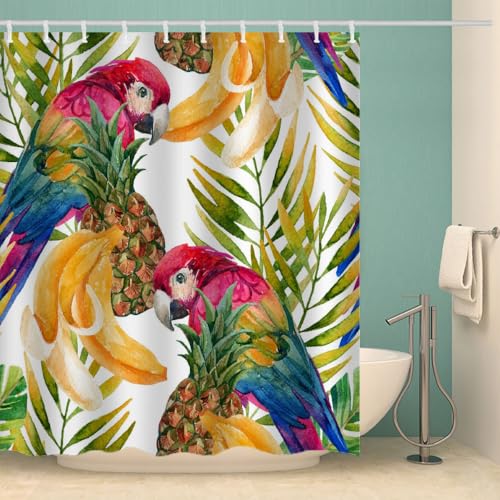MOXINO Papagei Duschvorhang Anti-Schimmel 180x180 cm Polyester Stoff Textil Waschbar Wasserdicht Badvorhang 3D Früchte Palmblätter Motiv Duschvorhänge Badezimmer mit 12 Haken（Stil 91-17） von MOXINO