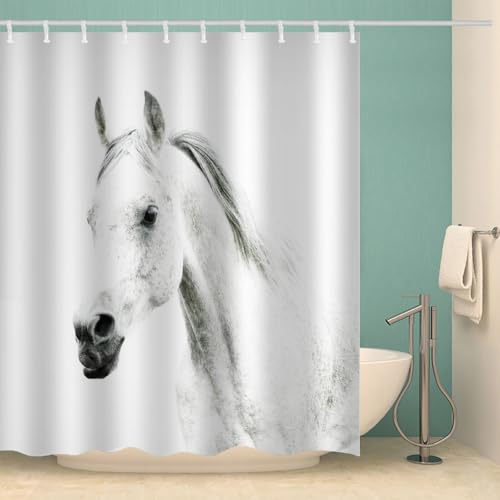 MOXINO Pferd Duschvorhang Anti-Schimmel 180x200 cm Polyester Stoff Textil Waschbar Wasserdicht Badvorhang 3D Pferd Motiv Duschvorhänge Badezimmer mit 12 Haken（Stil 98-2） von MOXINO