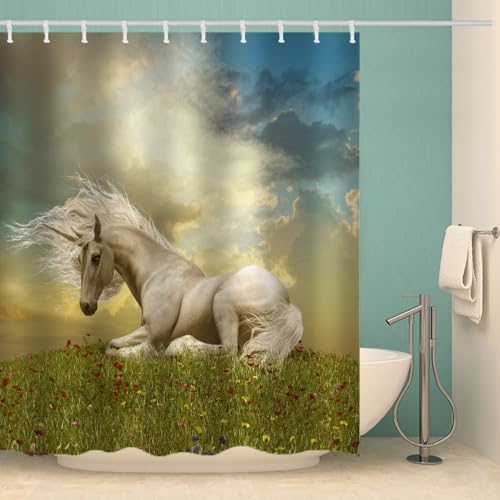 MOXINO Pferd Duschvorhang Anti-Schimmel 180x200 cm Polyester Stoff Textil Waschbar Wasserdicht Badvorhang 3D Pferd Motiv Duschvorhänge Badezimmer mit 12 Haken（Stil 98-3） von MOXINO