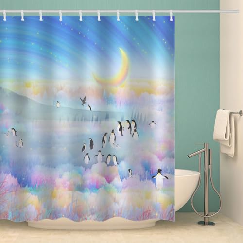 MOXINO Pinguin Duschvorhang Anti-Schimmel 120x180 cm Polyester Stoff Textil Waschbar Wasserdicht Badvorhang 3D Regenbogen Motiv Duschvorhänge Badezimmer mit 12 Haken（Stil 108-1） von MOXINO