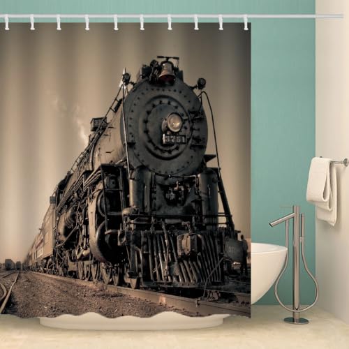 MOXINO Retro Zug Duschvorhang Anti-Schimmel 120x180 cm Polyester Stoff Textil Waschbar Wasserdicht Badvorhang 3D Retro Zug Motiv Duschvorhänge Badezimmer mit 12 Haken（Stil 103-10） von MOXINO