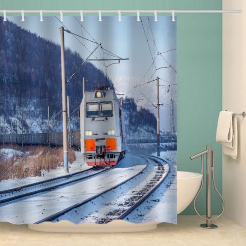 MOXINO Retro Zug Duschvorhang Anti-Schimmel 180x180 cm Polyester Stoff Textil Waschbar Wasserdicht Badvorhang 3D Retro Zug Motiv Duschvorhänge Badezimmer mit 12 Haken（Stil 103-11） von MOXINO