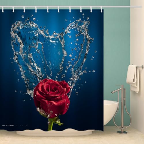 MOXINO Rose Duschvorhang Anti-Schimmel 120x180 cm Polyester Stoff Textil Waschbar Wasserdicht Badvorhang 3D Blumen Motiv Duschvorhänge Badezimmer mit 12 Haken（Stil 91-16） von MOXINO