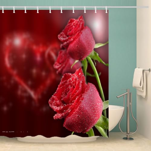 MOXINO Rose Duschvorhang Anti-Schimmel 180x180 cm Polyester Stoff Textil Waschbar Wasserdicht Badvorhang 3D Blumen Motiv Duschvorhänge Badezimmer mit 12 Haken（Stil 94-12） von MOXINO
