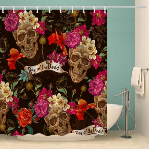 MOXINO Schädel Duschvorhang Anti-Schimmel 120x180 cm Polyester Stoff Textil Waschbar Wasserdicht Badvorhang 3D Blumen Motiv Duschvorhänge Badezimmer mit 12 Haken（Stil 103-9） von MOXINO