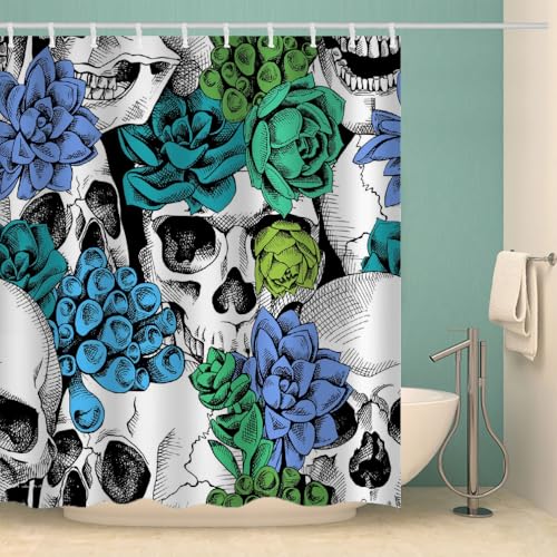 MOXINO Schädel Duschvorhang Anti-Schimmel 180x180 cm Polyester Stoff Textil Waschbar Wasserdicht Badvorhang 3D Blumen Motiv Duschvorhänge Badezimmer mit 12 Haken（Stil 106-4） von MOXINO