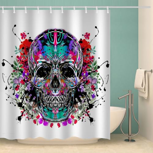 MOXINO Schädel Duschvorhang Anti-Schimmel 180x180 cm Polyester Stoff Textil Waschbar Wasserdicht Badvorhang 3D Gotischer Totenkopf Motiv Duschvorhänge Badezimmer mit 12 Haken（Stil 97-12） von MOXINO