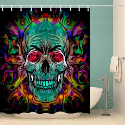 MOXINO Schädel Duschvorhang Anti-Schimmel 180x180 cm Polyester Stoff Textil Waschbar Wasserdicht Badvorhang 3D Gotischer Totenkopf Motiv Duschvorhänge Badezimmer mit 12 Haken（Stil 97-14） von MOXINO