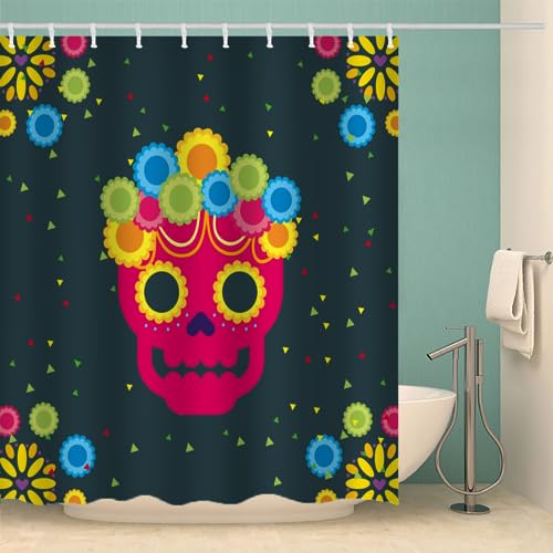 MOXINO Schädel Duschvorhang Anti-Schimmel 180x200 cm Polyester Stoff Textil Waschbar Badvorhang 3D Böhmen Totenkopf Motiv Design Duschvorhänge Wasserdicht Badezimmer Vorhänge mit 12 Haken von MOXINO