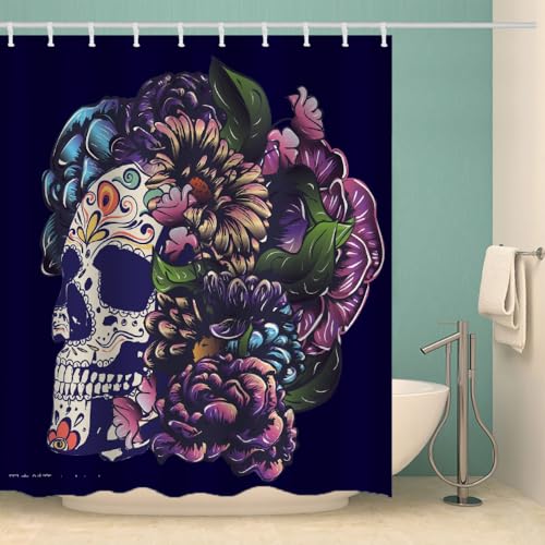 MOXINO Schädel Duschvorhang Anti-Schimmel 180x200 cm Polyester Stoff Textil Waschbar Wasserdicht Badvorhang 3D Blumen Motiv Duschvorhänge Badezimmer mit 12 Haken（Stil 103-8） von MOXINO