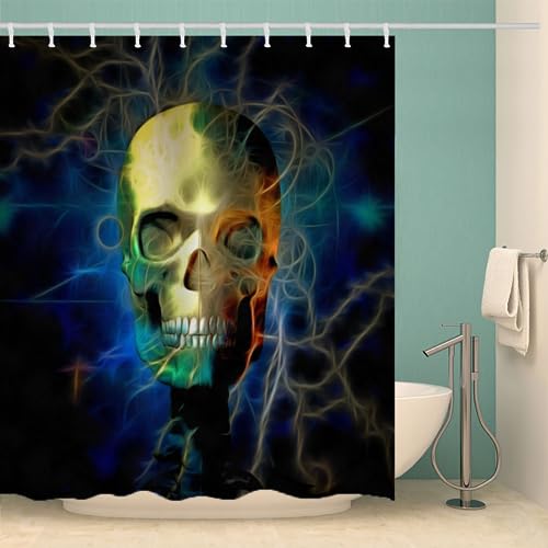 MOXINO Schädel Duschvorhang Anti-Schimmel 240x200 cm Polyester Stoff Textil Waschbar Badewanne Badvorhang 3D Gothic Totenkopf Shower Curtain Wasserdicht Badezimmer Vorhänge mit 12 Haken von MOXINO