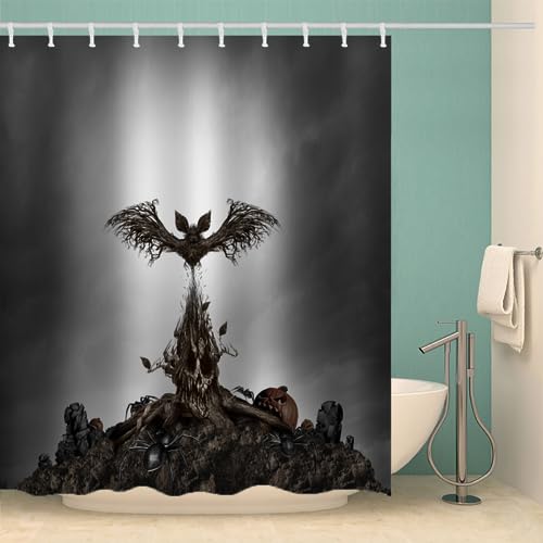 MOXINO Schädel Duschvorhang Anti-Schimmel 240x200 cm Polyester Stoff Textil Waschbar Badewanne Badvorhang 3D Gothic Totenkopf Shower Curtain Wasserdicht Badezimmer Vorhänge mit 12 Haken von MOXINO