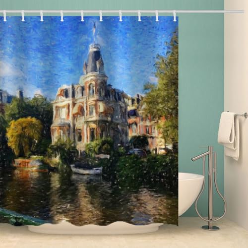 MOXINO Schloss Duschvorhang Anti-Schimmel 120x180 cm Polyester Stoff Textil Waschbar Wasserdicht Badvorhang 3D Malerei Motiv Duschvorhänge Badezimmer mit 12 Haken（Stil 99-10） von MOXINO