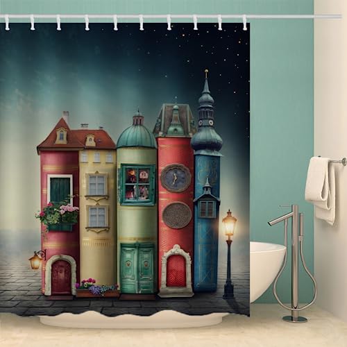 MOXINO Schloss Duschvorhang Anti-Schimmel 180x200 cm Polyester Stoff Textil Waschbar Badvorhang 3D Lustiger Schloss Motiv Design Duschvorhänge Wasserdicht Badezimmer Vorhänge mit 12 Haken von MOXINO