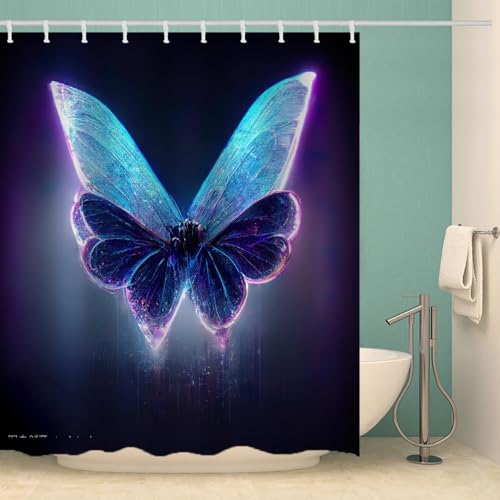 MOXINO Schmetterling Duschvorhang Anti-Schimmel 120x180 cm Polyester Stoff Textil Waschbar Wasserdicht Badvorhang 3D Schmetterling Motiv Duschvorhänge Badezimmer mit 12 Haken（Stil 93-20） von MOXINO