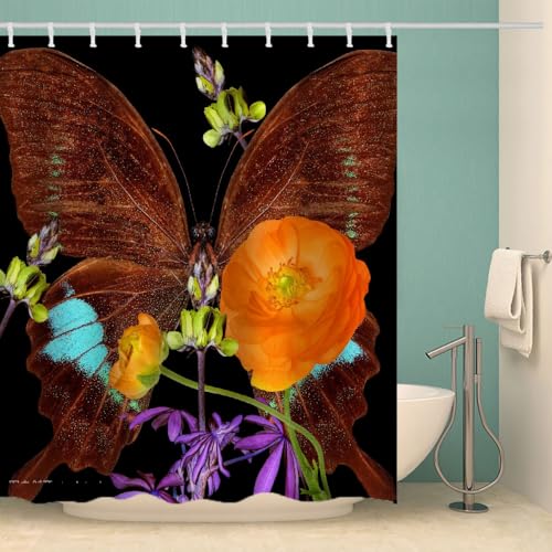MOXINO Schmetterling Duschvorhang Anti-Schimmel 200x240 cm Polyester Stoff Textil Waschbar Wasserdicht Badvorhang 3D Blumen Motiv Duschvorhänge Badezimmer mit 12 Haken（Stil 105-9） von MOXINO