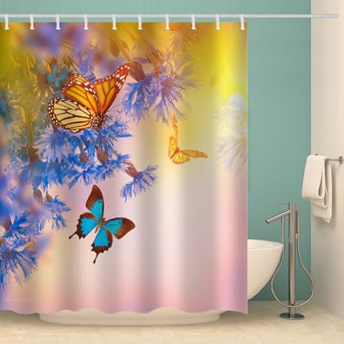 MOXINO Schmetterling Duschvorhang Anti-Schimmel 200x240 cm Polyester Stoff Textil Waschbar Wasserdicht Badvorhang 3D Blumen Motiv Duschvorhänge Badezimmer mit 12 Haken（Stil 94-4） von MOXINO