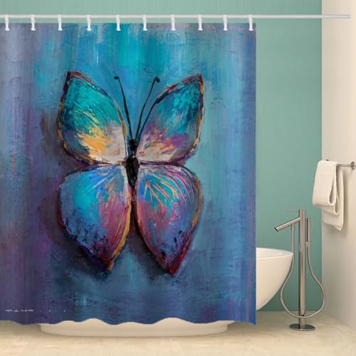 MOXINO Schmetterling Duschvorhang Anti-Schimmel 200x240 cm Polyester Stoff Textil Waschbar Wasserdicht Badvorhang 3D Schmetterling Motiv Duschvorhänge Badezimmer mit 12 Haken（Stil 93-12） von MOXINO