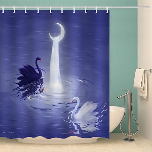 MOXINO Schwan Duschvorhang Anti-Schimmel 240x200 cm Polyester Stoff Textil Waschbar Badvorhang 3D Schwarz Weiß Paar Motiv Design Shower Curtain Wasserdicht Badezimmer Vorhänge mit 12 Haken von MOXINO