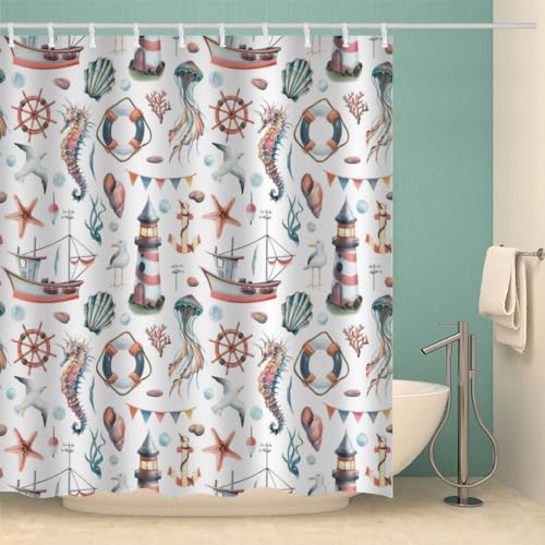 MOXINO Seestern Duschvorhang Anti-Schimmel 240x200 cm Polyester Stoff Textil Waschbar Badvorhang 3D Maritim Leuchtturm Motiv Design Duschvorhänge Wasserdicht Badezimmer Vorhänge mit 12 Haken von MOXINO