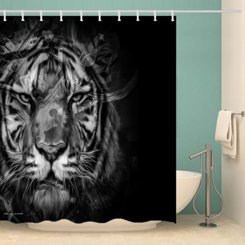 MOXINO Tiger Duschvorhang Anti-Schimmel 180x180 cm Polyester Stoff Textil Waschbar Wasserdicht Badvorhang 3D Tiger Motiv Duschvorhänge Badezimmer mit 12 Haken（Stil 97-11） von MOXINO