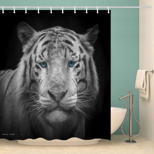 MOXINO Tiger Duschvorhang Anti-Schimmel 180x180 cm Polyester Stoff Textil Waschbar Wasserdicht Badvorhang 3D Tiger Motiv Duschvorhänge Badezimmer mit 12 Haken（Stil 98-16） von MOXINO
