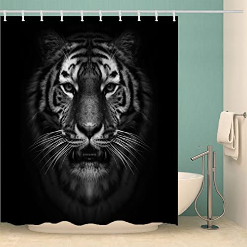 MOXINO Tiger Duschvorhang Anti-Schimmel 180x200 cm Polyester Stoff Textil Waschbar Badvorhang 3D Tier Tiger Motiv Design Duschvorhänge Wasserdicht Badezimmer Vorhänge mit 12 Haken von MOXINO