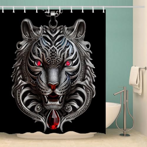 MOXINO Tiger Duschvorhang Anti-Schimmel 200x240 cm Polyester Stoff Textil Waschbar Wasserdicht Badvorhang 3D Tiger Motiv Duschvorhänge Badezimmer mit 12 Haken（Stil 107-4） von MOXINO