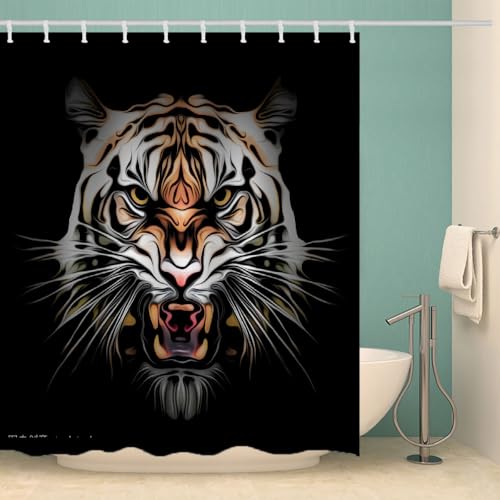 MOXINO Tiger Duschvorhang Anti-Schimmel 200x240 cm Polyester Stoff Textil Waschbar Wasserdicht Badvorhang 3D Tiger Motiv Duschvorhänge Badezimmer mit 12 Haken（Stil 97-16） von MOXINO